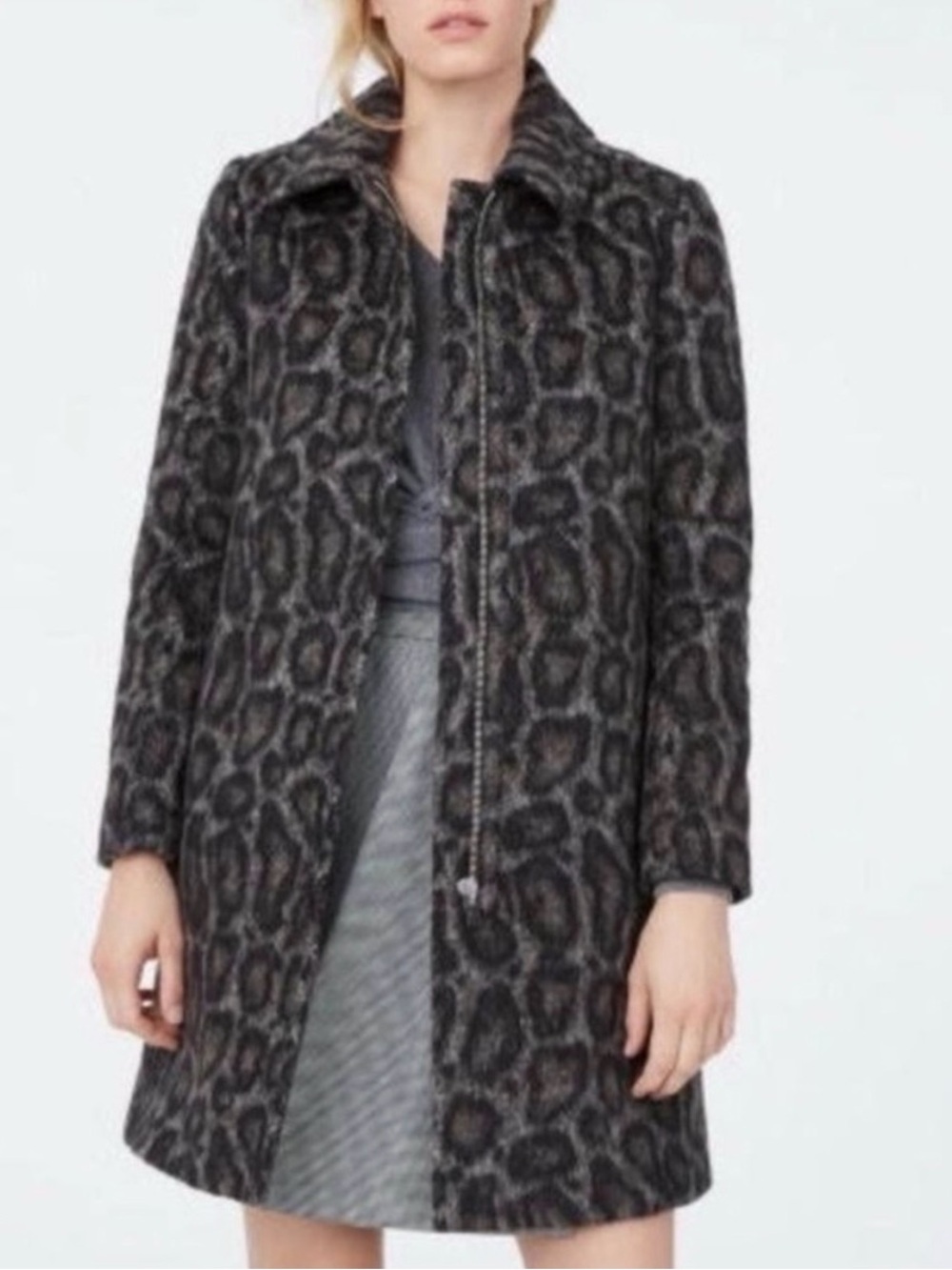 Club Monaco Dark Gray Leopard-Print Pea Coat Wool